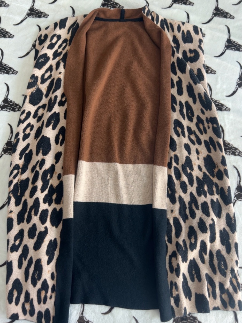 Leopard Print Long Open Front Sweater Vest Cardigan Black Tan Brown